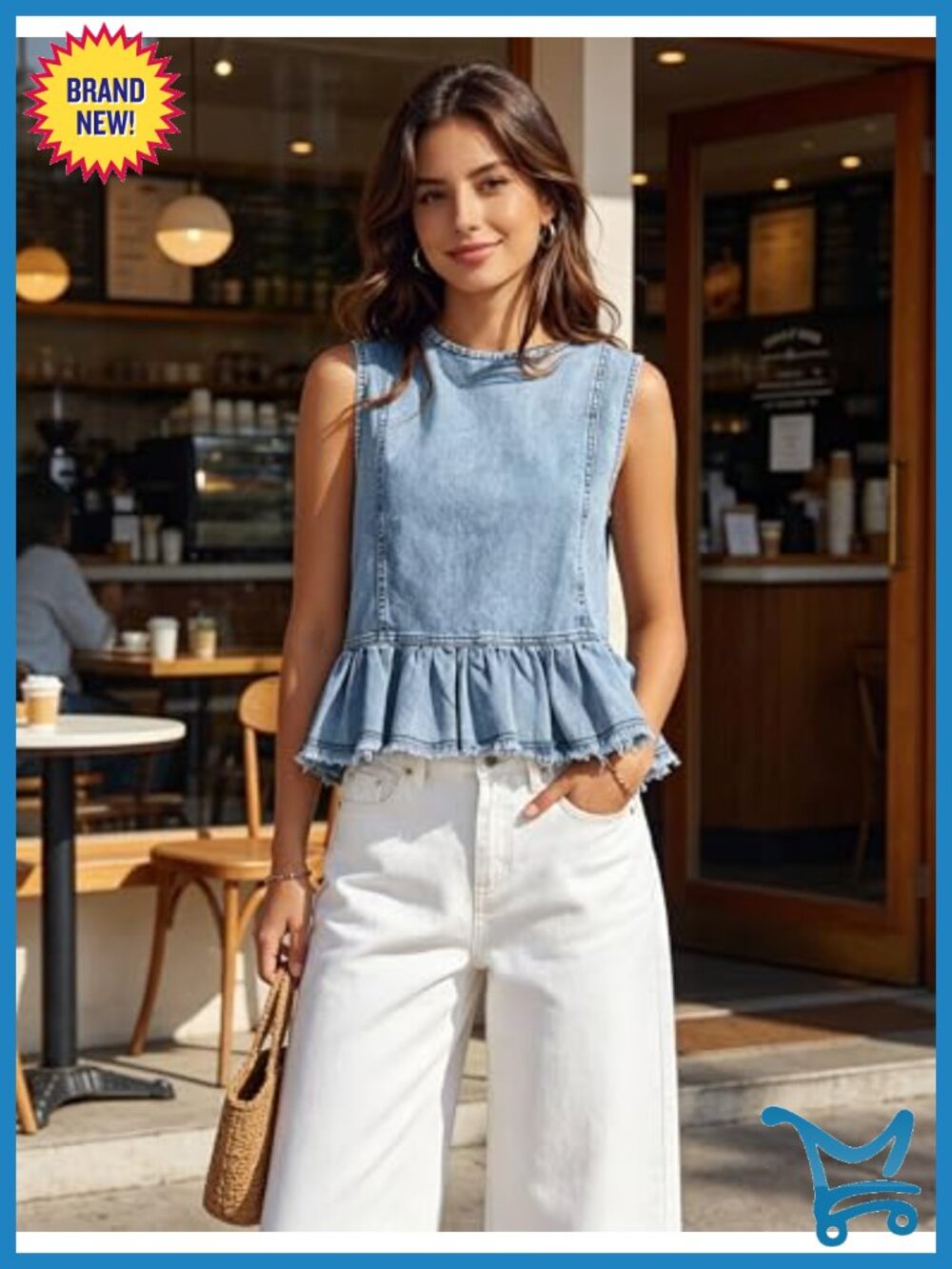Sleeveless Denim Vest Button Back Crew Neck Ruffle Hem Swing Y2K Top - Picture 5 of 6